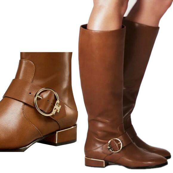 Tory Burch Sofia Tall Riding Boots Leather Logo Festive Brown Size 7 - Picture 1 of 12